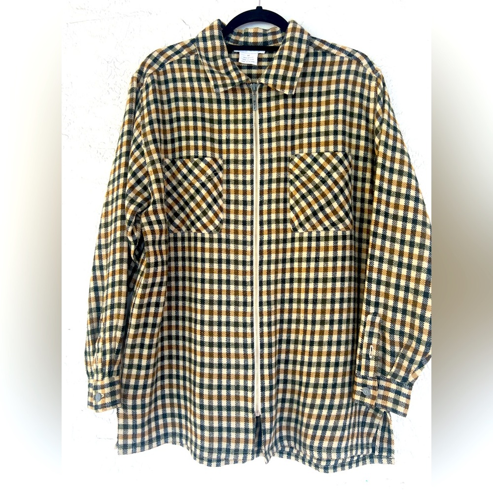 New York, 100% acrylic, medium, zippered, checkered brown, beige, black jacket.